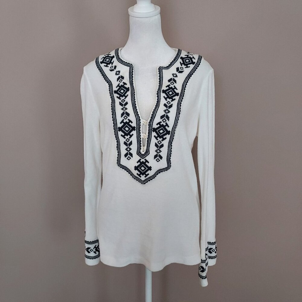 Tory Burch Embroidered Moroccan Cotton Terry Cloth Blue Tunic Top Size Small